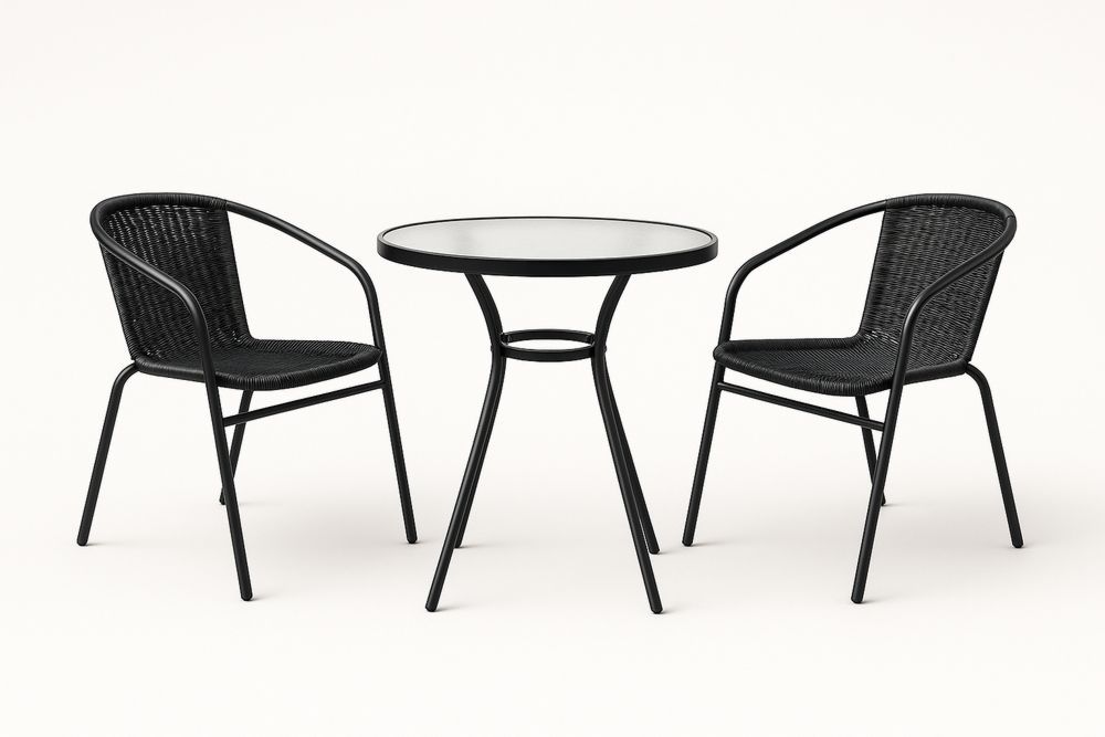 Ensemble de jardin 3 pièces en acier et résine avec table en verre