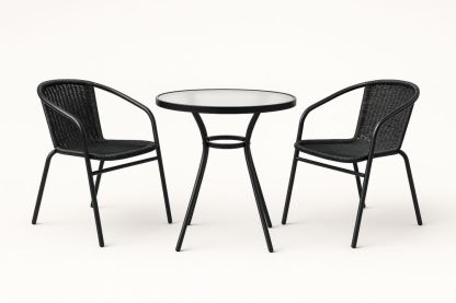 Ensemble de jardin 3 pièces en acier et résine avec table en verre