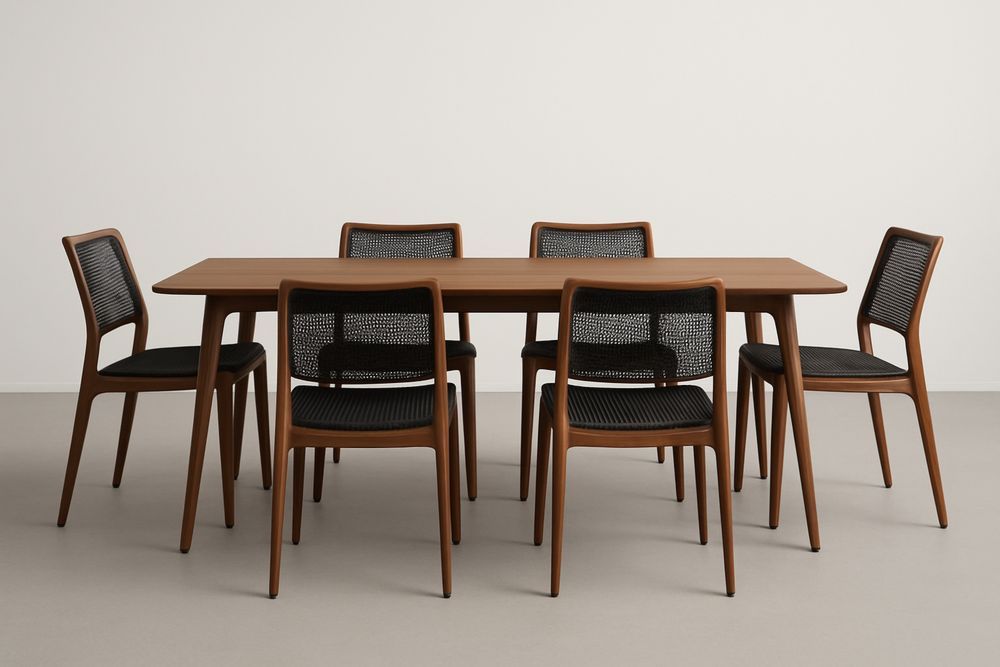 Ensemble table rectangulaire en bois de chêne avec 6 chaises en polypropylène noir