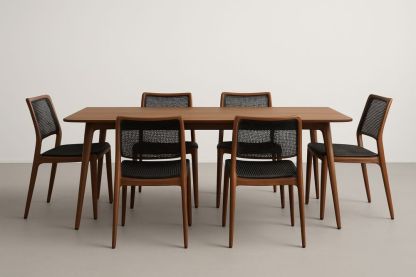 Ensemble table rectangulaire en bois de chêne avec 6 chaises en polypropylène noir