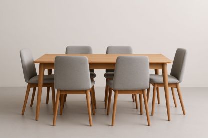 Ensemble table à manger en bois massif avec chaises rembourrées en tissu gris