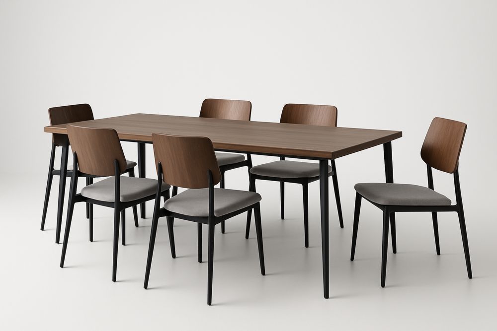 Table à manger en bois de noyer avec 6 chaises en aluminium et tissu