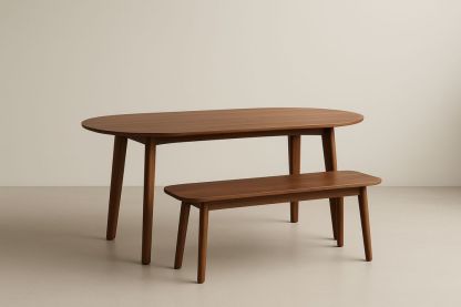 Ensemble table à manger ovale en bois massif marron avec banc