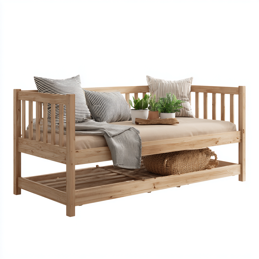 Divano letto struttura in legno 205x95x90 cm - legno naturale - stile moderno - adatto al soggiorno-Styleive