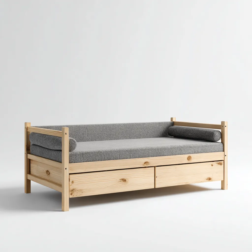 Divano letto legno con cassetti 208x92x82 cm legno naturale-grigio design moderno-Styleive