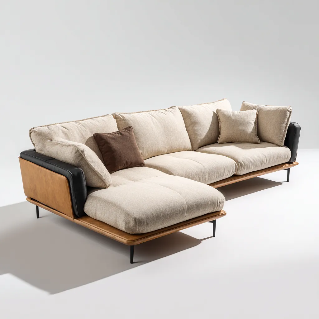 Divano angolare tessuto e pelle 258x160x84 cm beige e nero per soggiorno moderno - design contemporaneo-Styleive