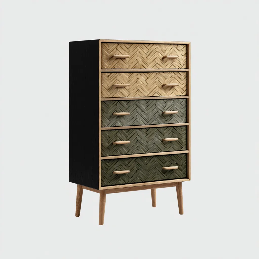 Cassettiera legno-rattan 60x40x110 cm nero-naturale-verde - 5 cassetti - design moderno-Styleive