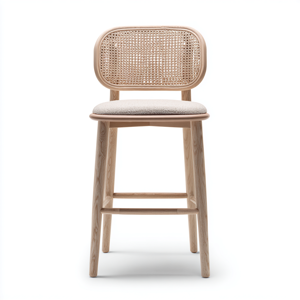 Sgabello da bar in legno con schienale in rattan e seduta in tessuto 46x48x96 cm - beige-legno chiaro - design naturale - per cucina e bar-Styleive