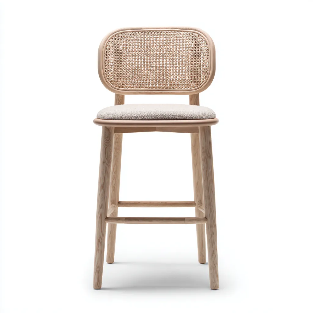 Sgabello da bar in legno con schienale in rattan e seduta in tessuto 46x48x96 cm - beige-legno chiaro - design naturale - per cucina e bar-Styleive