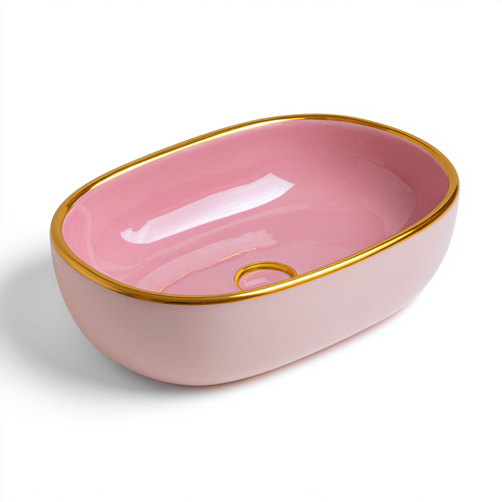 Lavabo ceramica 50x35x15 cm rosa-oro design moderno-Styleive