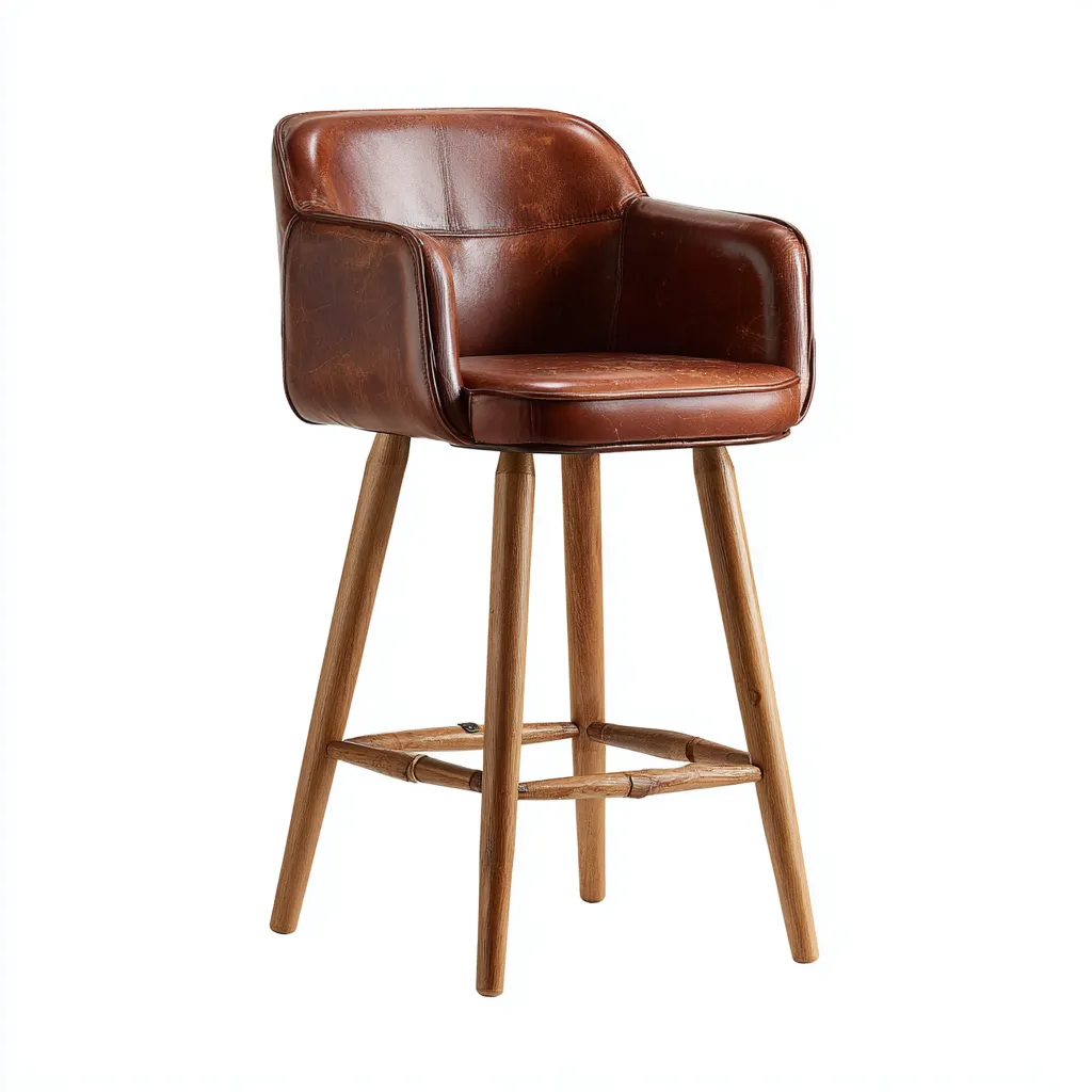 Sgabello da bar in pelle con braccioli e gambe in legno 50x52x98 cm - marrone-legno - design moderno - per cucina e bar-Styleive