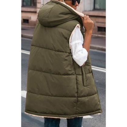 PRETTYGARDEN Women's Army Green Reversible Fleece Vest with Pockets & Hood Zip Up Long Outerwear Coats Machine Washable Minimalist Tops