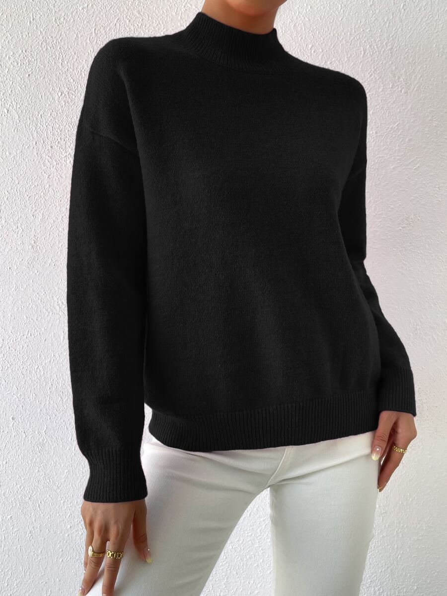 Women's Casual Loose Fit Drop Shoulder Long Sleeve Solid Color Sweater