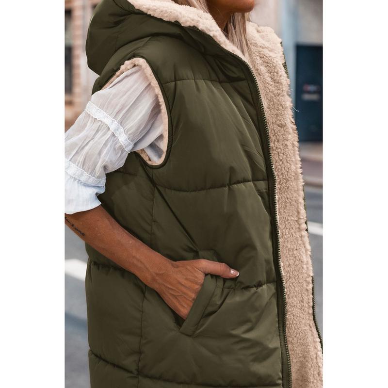 PRETTYGARDEN Women's Army Green Reversible Fleece Vest with Pockets & Hood Zip Up Long Outerwear Coats Machine Washable Minimalist Tops