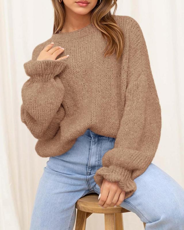 Women's Oversized Sweater Crewneck Long Sleeve Fuzzy Knit Chunky Pullover Sweaters