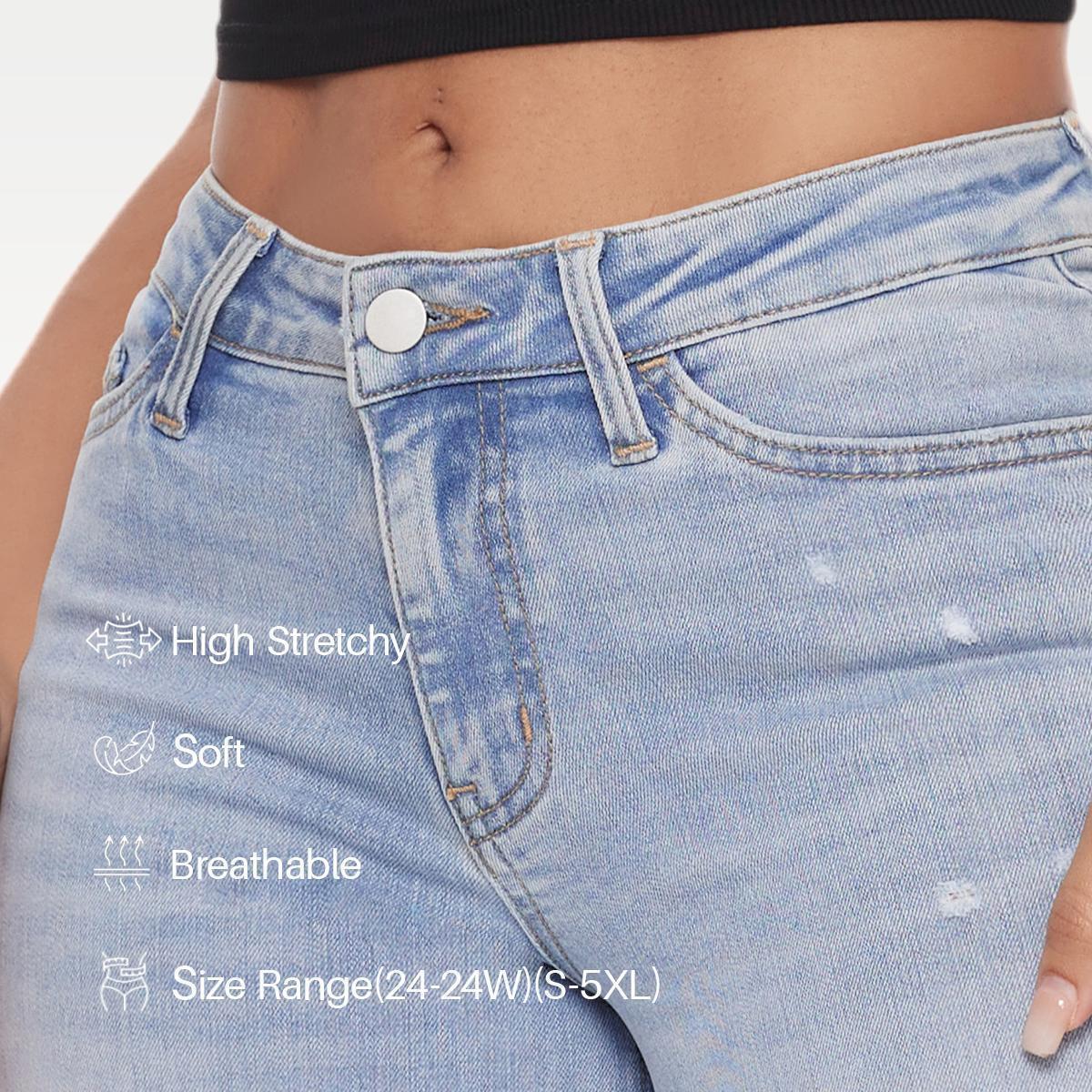 Mid-low Rise Baggy Jeans Stretchy Wide Leg for Women