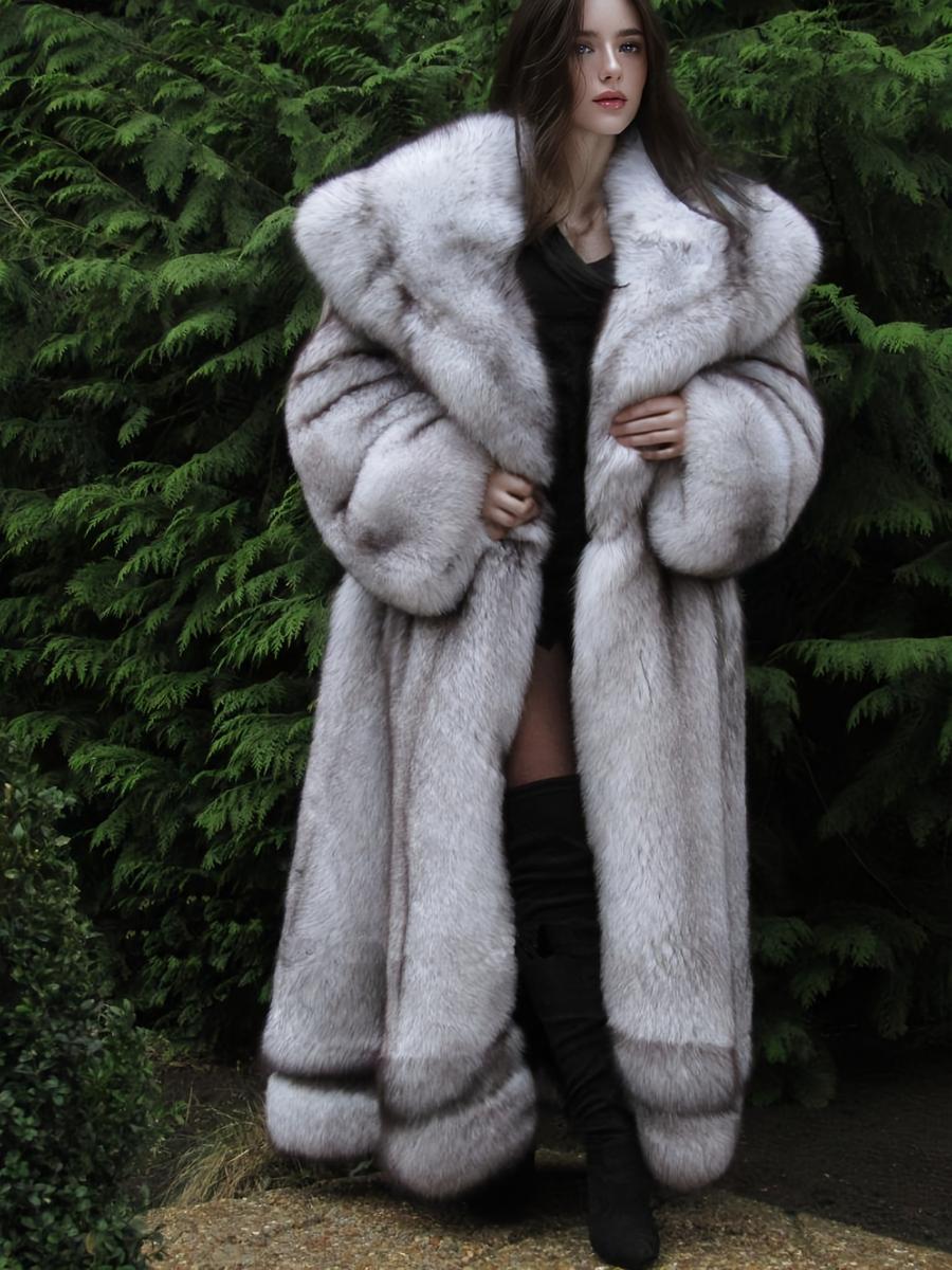 Women's Silver Color Faux Fur Hooded Coat, Long Sleeve Loose Fit