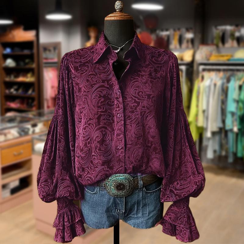 Cherrybetty Vintage Floral Print Lantern Sleeve Velvet Top 100%Cotton Casual Shirts Elegance Soft Cute Fall Outfits Women's Clothes Going Outfits Womenswear