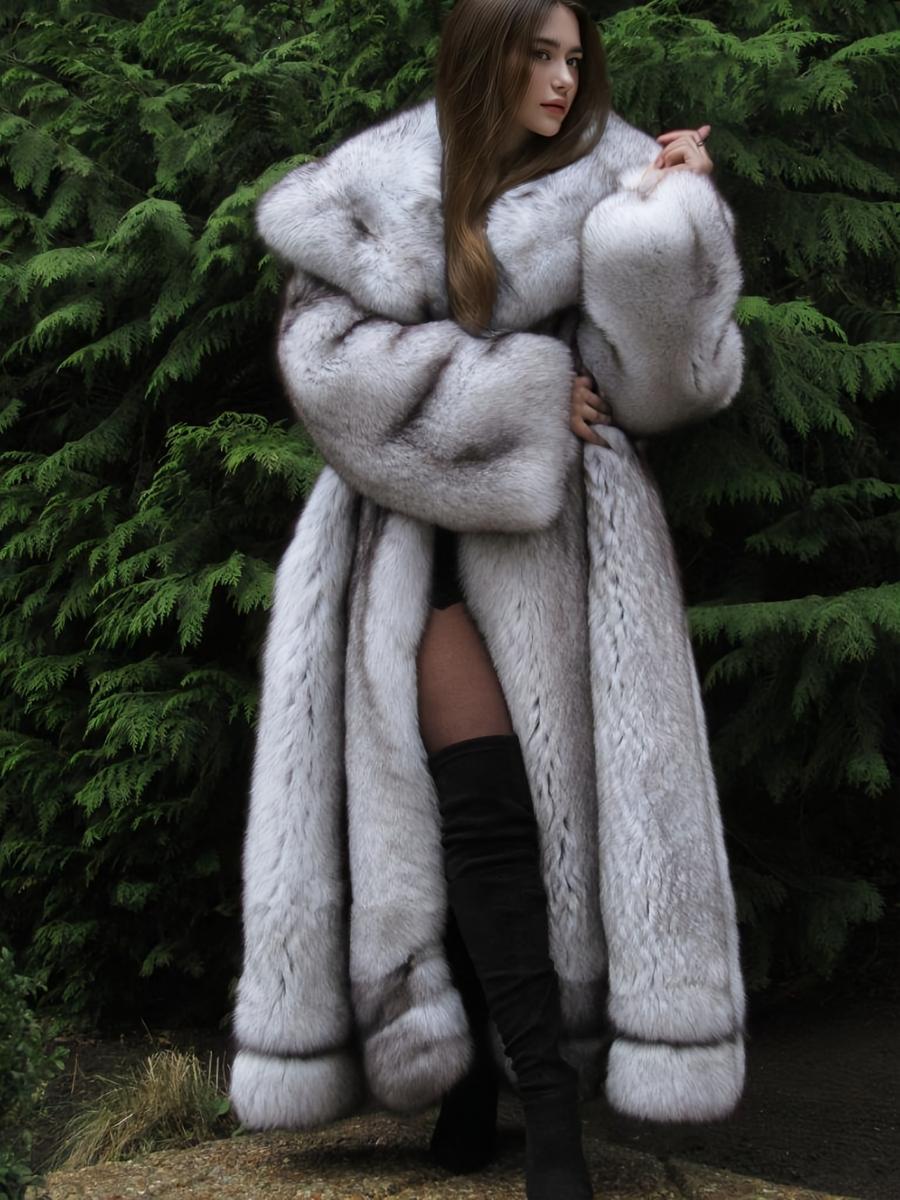 Women's Silver Color Faux Fur Hooded Coat, Long Sleeve Loose Fit