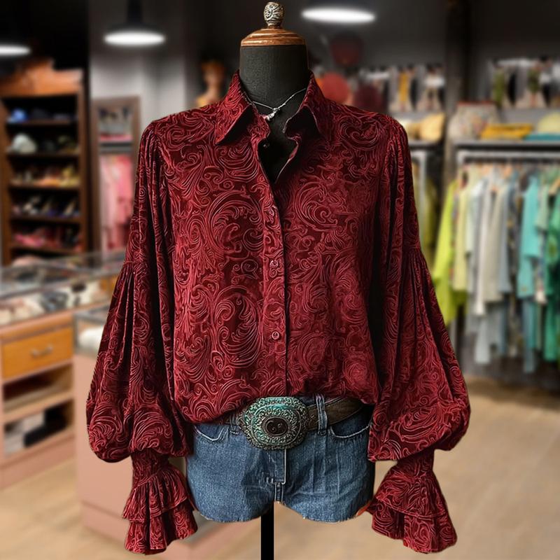 Cherrybetty Vintage Floral Print Lantern Sleeve Velvet Top 100%Cotton Casual Shirts Elegance Soft Cute Fall Outfits Women's Clothes Going Outfits Womenswear