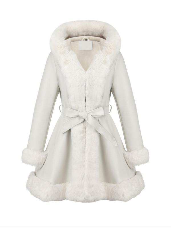 Women's Fall Winter Faux Leather Jacket with Detachable Belt, Long Sleeve Fitted Coat with Hood, Casual Warm Daily Wear