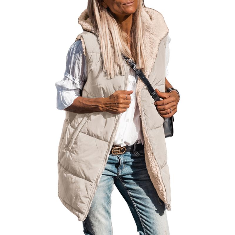 PRETTYGARDEN Women's Army Green Reversible Fleece Vest with Pockets & Hood Zip Up Long Outerwear Coats Machine Washable Minimalist Tops