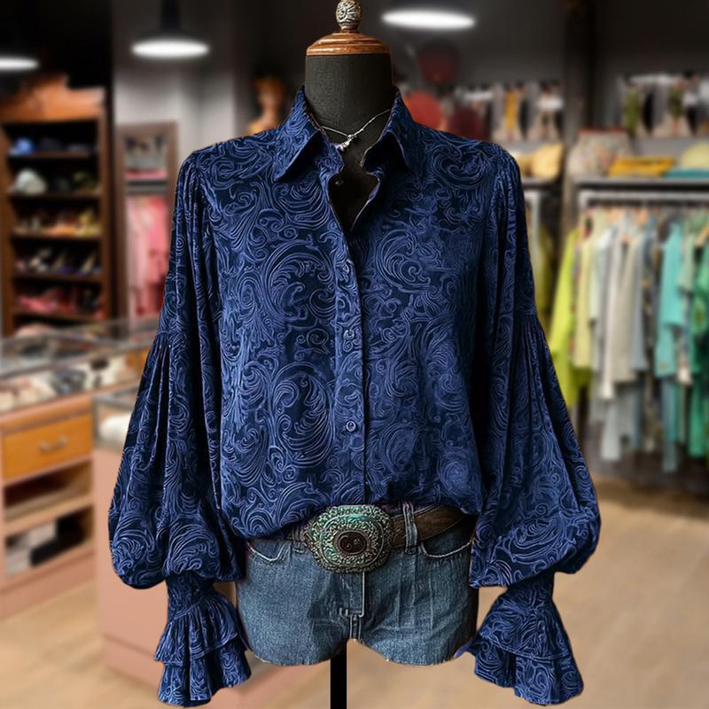 Cherrybetty Vintage Floral Print Lantern Sleeve Velvet Top 100%Cotton Casual Shirts Elegance Soft Cute Fall Outfits Women's Clothes Going Outfits Womenswear