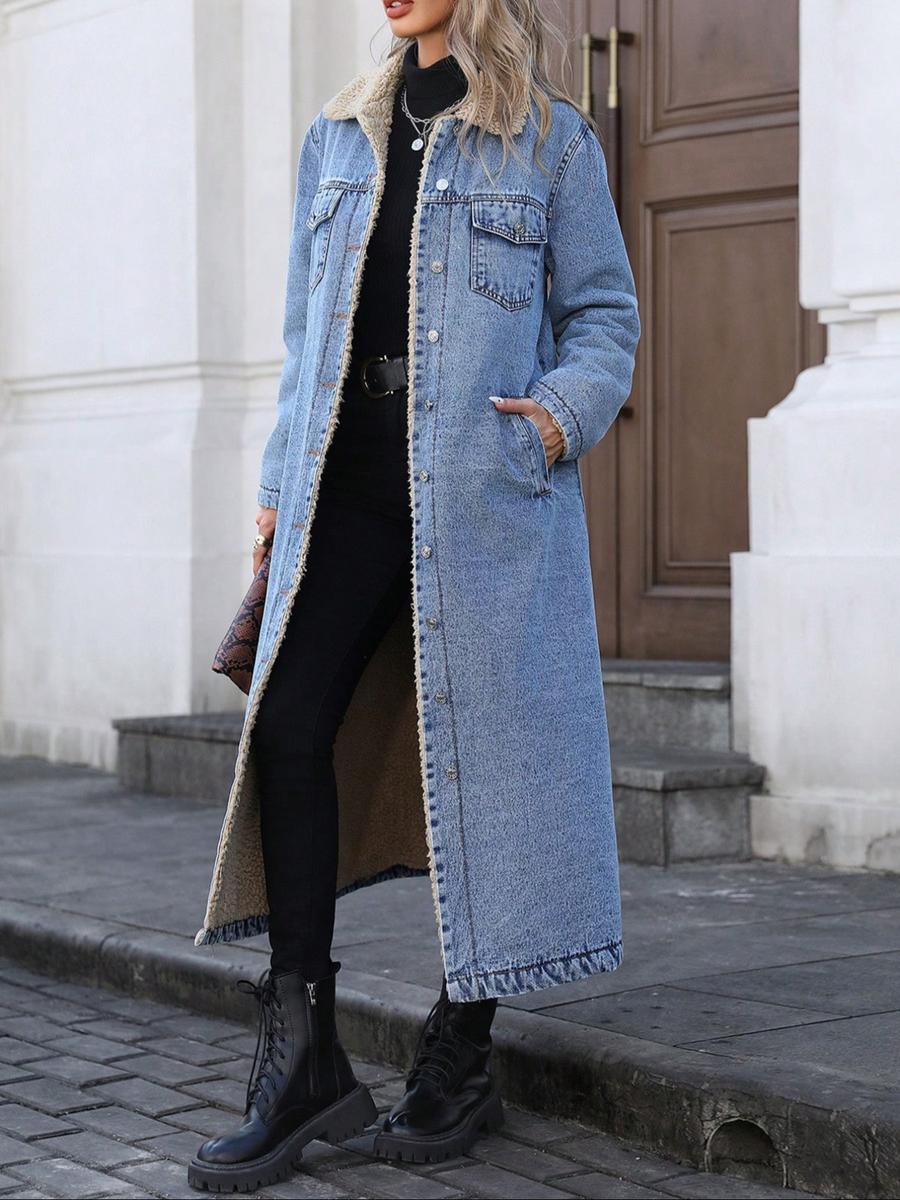 Women's Long Fleece-Lined Denim Jacket, Elegant Single-Breasted Design, Perfect For Winter