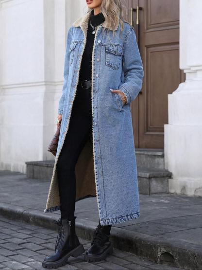 Women's Long Fleece-Lined Denim Jacket, Elegant Single-Breasted Design, Perfect For Winter
