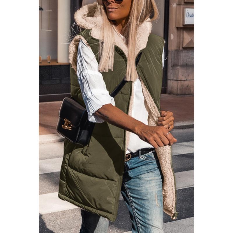 PRETTYGARDEN Women's Army Green Reversible Fleece Vest with Pockets & Hood Zip Up Long Outerwear Coats Machine Washable Minimalist Tops