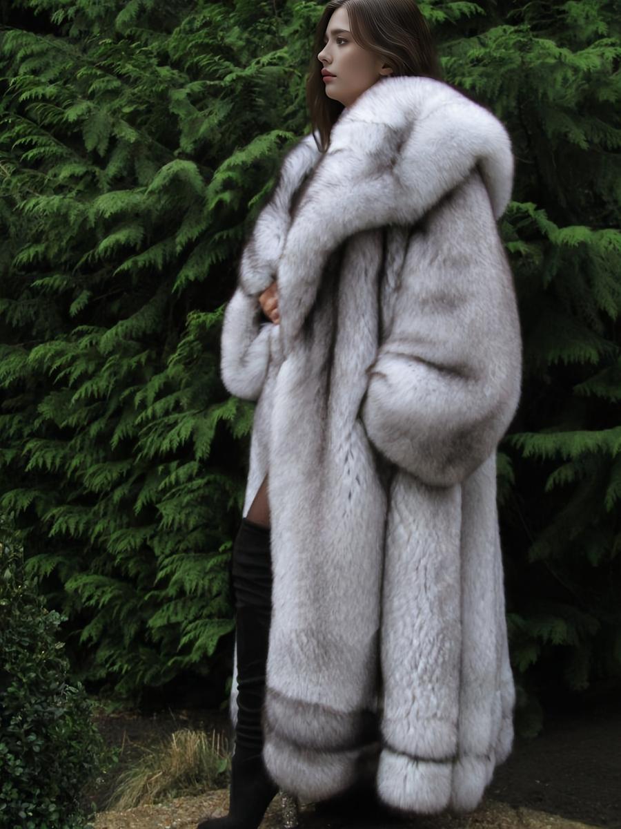Women's Silver Color Faux Fur Hooded Coat, Long Sleeve Loose Fit
