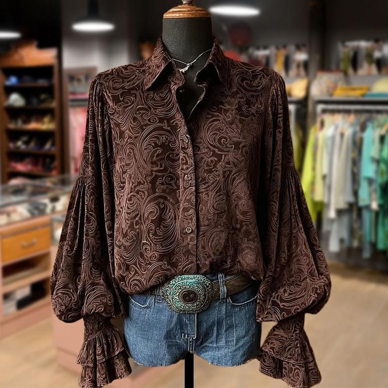 Cherrybetty Vintage Floral Print Lantern Sleeve Velvet Top 100%Cotton Casual Shirts Elegance Soft Cute Fall Outfits Women's Clothes Going Outfits Womenswear