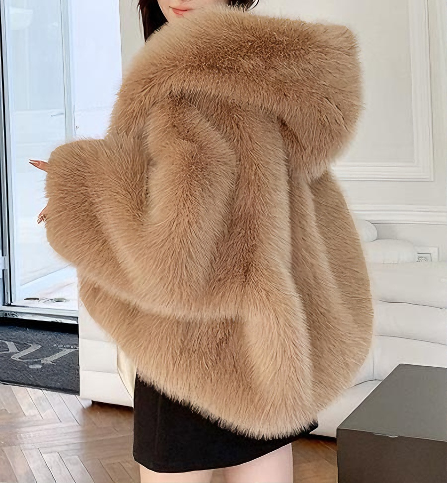 Women's Solid Color Hooded Faux Fur Coat Jackets, Casual Long Sleeve Thermal Outerwear for Fall & Winter, Women's Clothing for Daily Wear