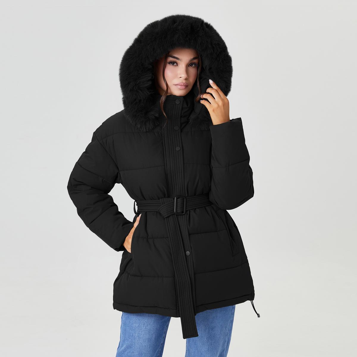 Women's Versatile Solid Color Fluffy Hooded Zip-Up Belt Decor Cotton Coat