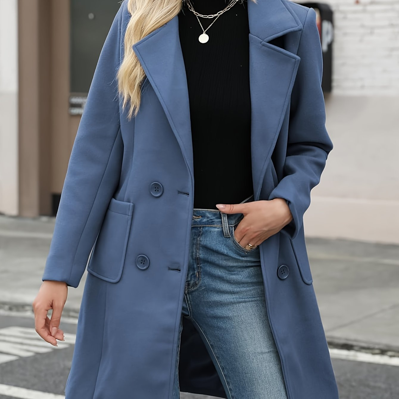 Molitree Women's Winter Wool Blend Camel Mid-Long Coat Notch Double-Breasted Lapel Jacket Outwear Casual Button Closure Elegant Fitted Basic Tops  Womenswear Outerwear Blue Collared Minimalist