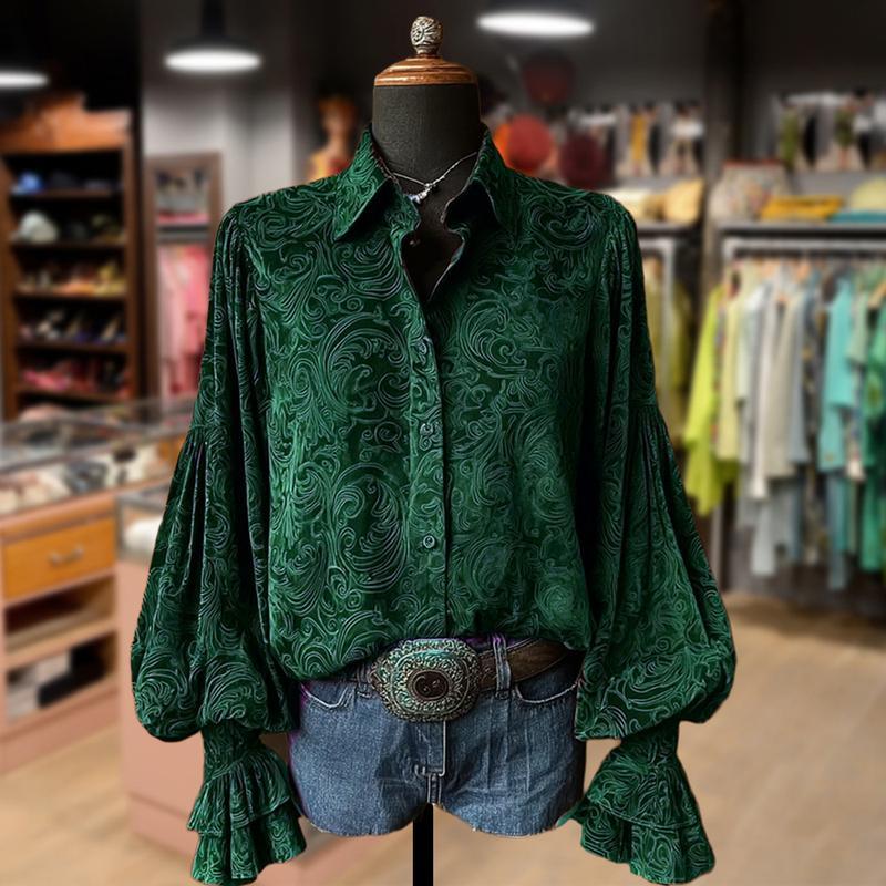 Cherrybetty Vintage Floral Print Lantern Sleeve Velvet Top 100%Cotton Casual Shirts Elegance Soft Cute Fall Outfits Women's Clothes Going Outfits Womenswear