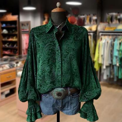 Cherrybetty Vintage Floral Print Lantern Sleeve Velvet Top 100%Cotton Casual Shirts Elegance Soft Cute Fall Outfits Women's Clothes Going Outfits Womenswear