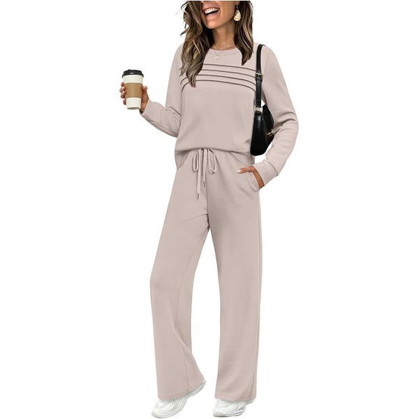 Women’s Crew Neck Lounge Set - Soft Cotton Top & Drawstring Pants