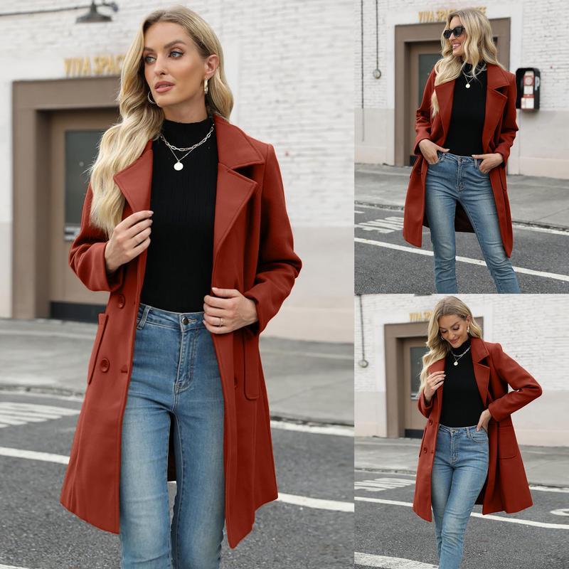 Molitree Women's Winter Wool Blend Camel Mid-Long Coat Notch Double-Breasted Lapel Jacket Outwear Casual Button Closure Elegant Fitted Basic Tops  Womenswear Outerwear Blue Collared Minimalist