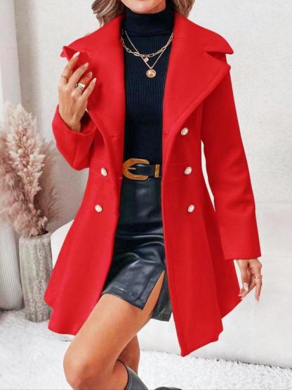 Women's Solid Double Button Pocket Overcoat, Casual Long Sleeve Lapel Neck Outerwear for Fall & Winter, Women's Clothes for Daily Wear, Clothing for Women, Cute Tops