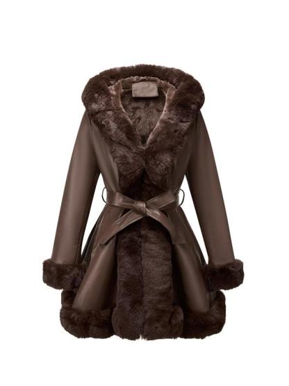 Women's Fall Winter Faux Leather Jacket with Detachable Belt, Long Sleeve Fitted Coat with Hood, Casual Warm Daily Wear