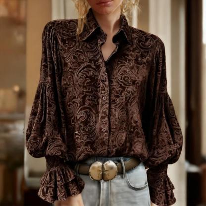 Cherrybetty Vintage Floral Print Lantern Sleeve Velvet Top 100%Cotton Casual Shirts Elegance Soft Cute Fall Outfits Women's Clothes Going Outfits Womenswear