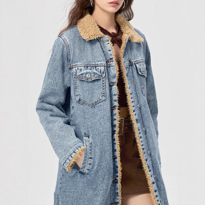 Women's Long Fleece-Lined Denim Jacket, Elegant Single-Breasted Design, Perfect For Winter