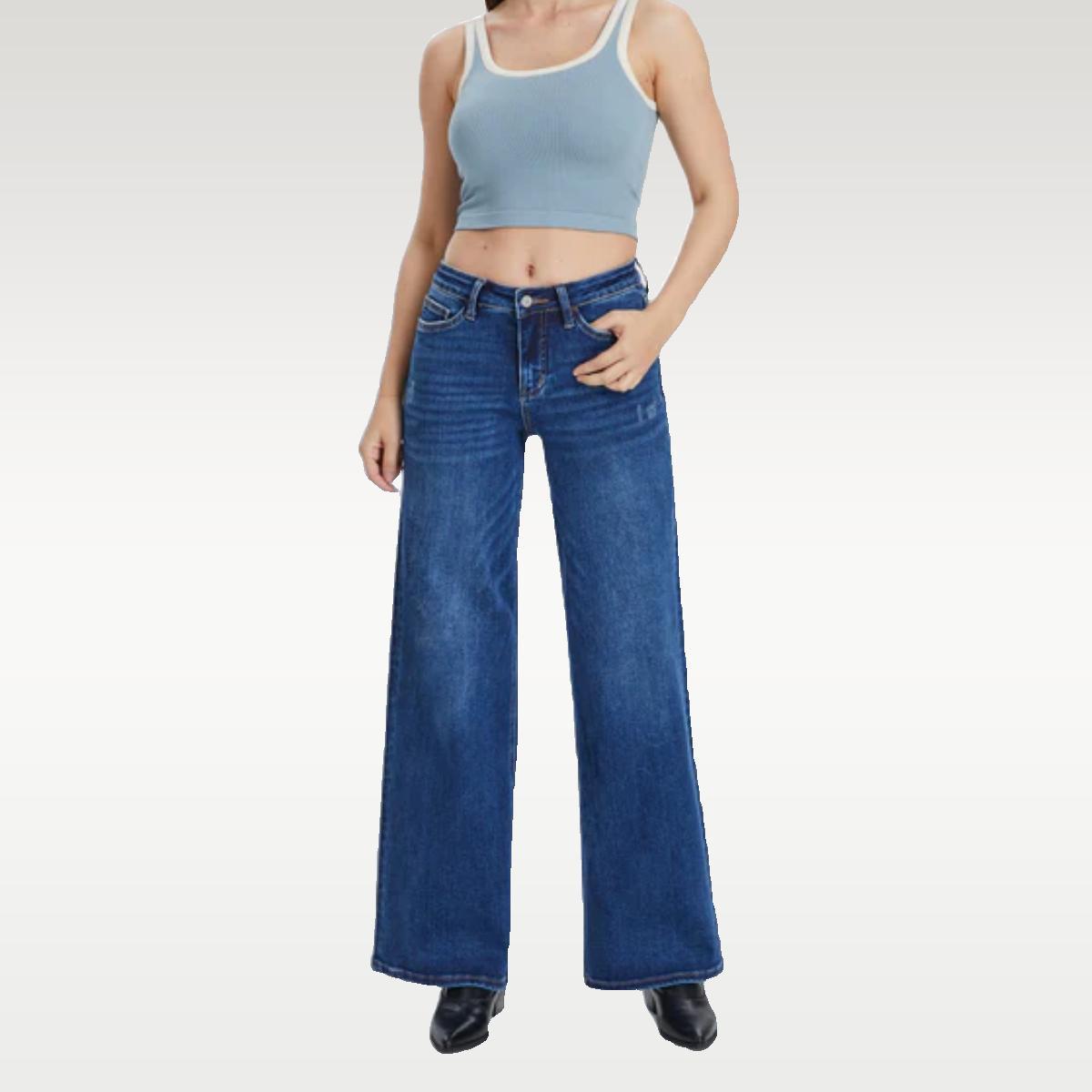 Mid-low Rise Baggy Jeans Stretchy Wide Leg for Women