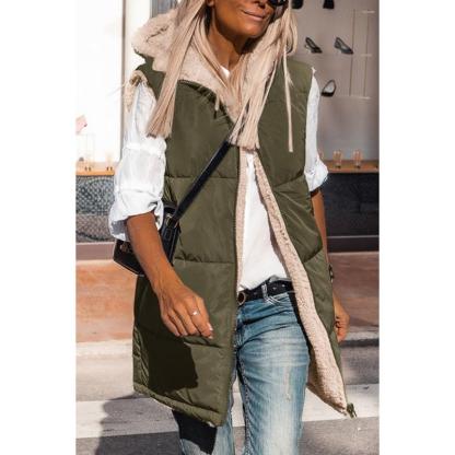 PRETTYGARDEN Women's Army Green Reversible Fleece Vest with Pockets & Hood Zip Up Long Outerwear Coats Machine Washable Minimalist Tops