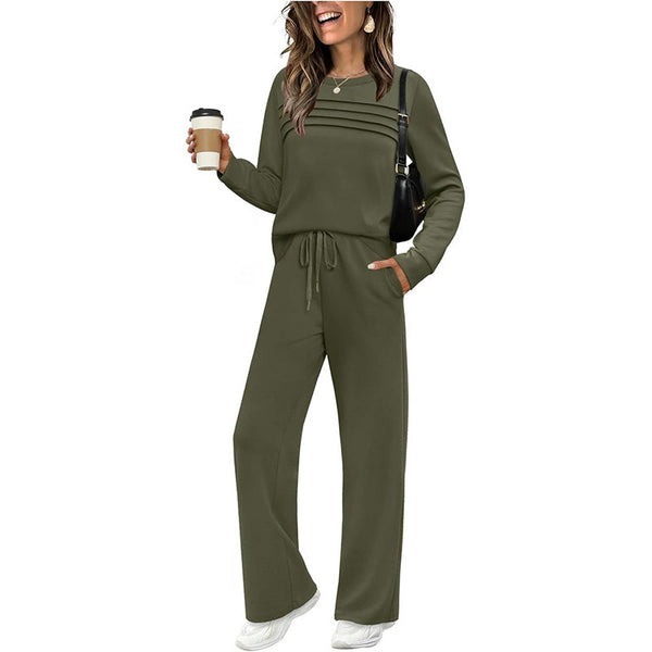 Women’s Crew Neck Lounge Set - Soft Cotton Top & Drawstring Pants