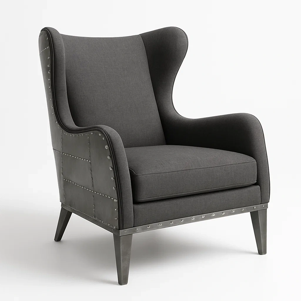 Poltrona wingback in tessuto con struttura in metallo e bottoni-Snoozinova