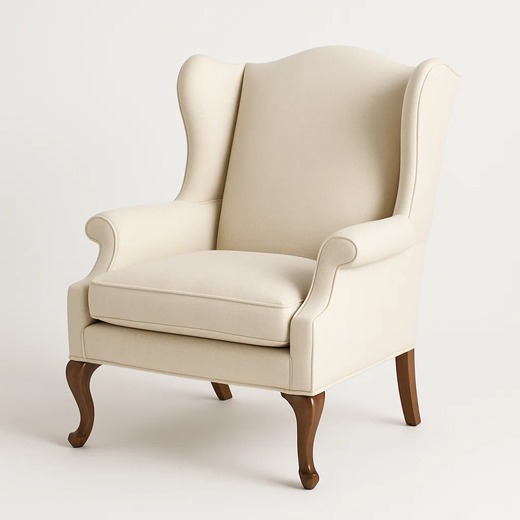 Poltrona wingback in lino e legno-Snoozinova