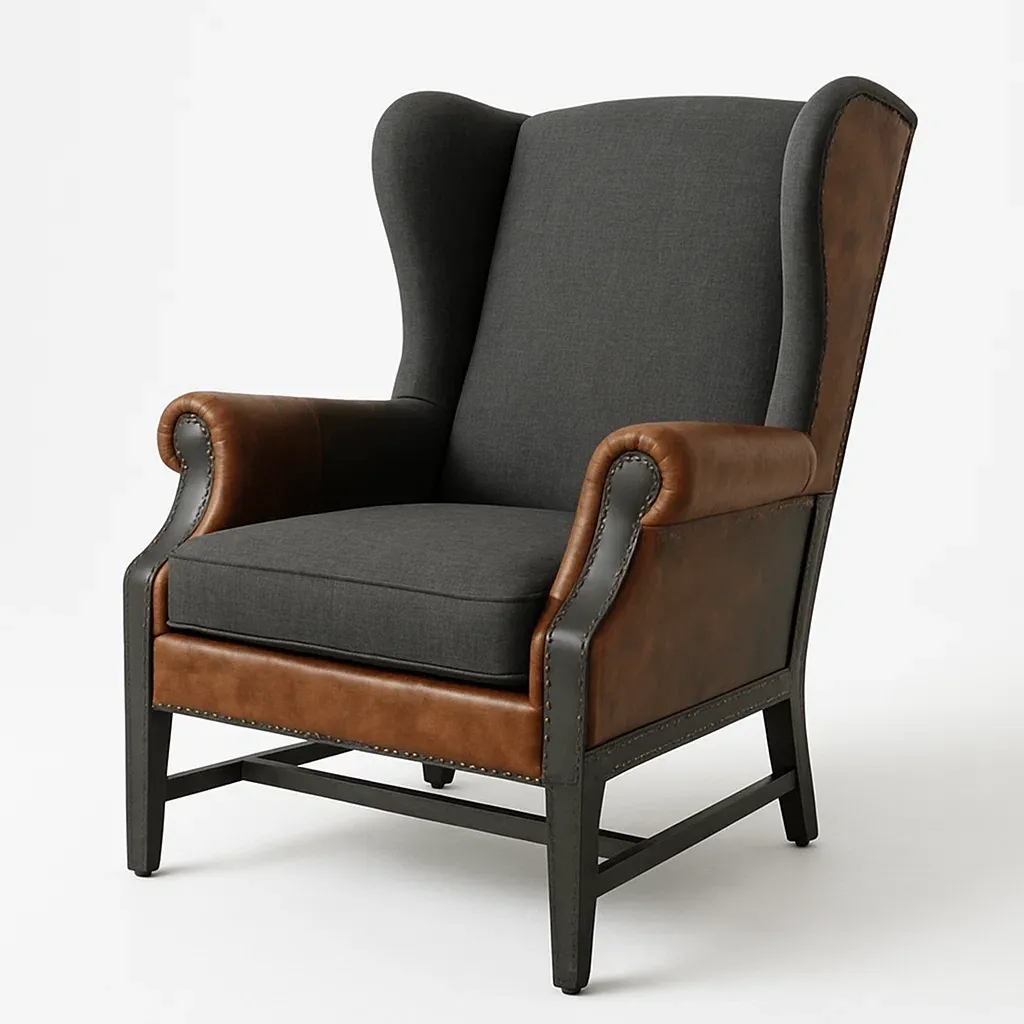 Poltrona wingback in tessuto e pelle PU con struttura in acciaio-Snoozinova