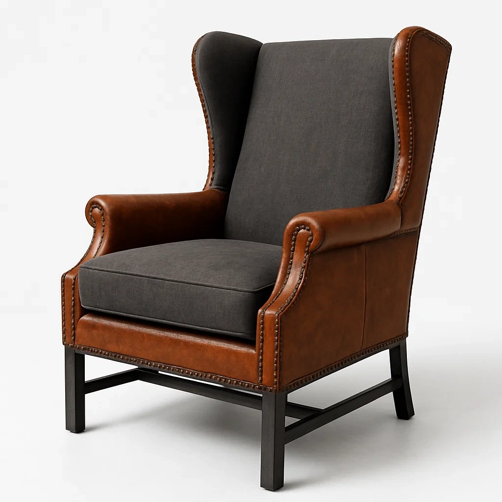 Poltrona wingback in ecopelle e tessuto con struttura in legno-Snoozinova